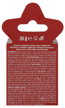 Tył czerwonego opakowania balsamu do ust z wycięciem do zawieszenia, tekstami w wielu językach i wagą 20g.