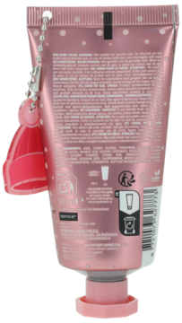 Różowa tubka kremu do rąk Sense 50ml, tył z listą składników, białymi kropkami i różowym breloczkiem.