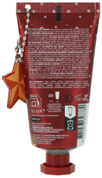 Tył czerwonej tubki kremu do rąk 50 ml z białymi kropkami i czerwoną zawieszką w kształcie gwiazdki.