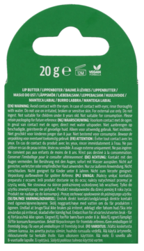 Tył zielonego opakowania lip butter 20g z białymi napisami. Zawiera instrukcje i ostrzeżenia w wielu językach.