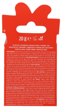 Tył czerwonego opakowania balsamu do ust 20g, z zaokrąglonymi uszami u góry i tekstem w wielu językach, logo VEGAN.
