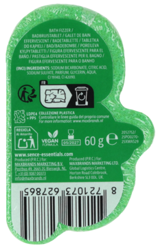Tył jasnozielonej, liściastej bomby do kąpieli Sence, widoczne składniki, symbol wegański i kod kreskowy.