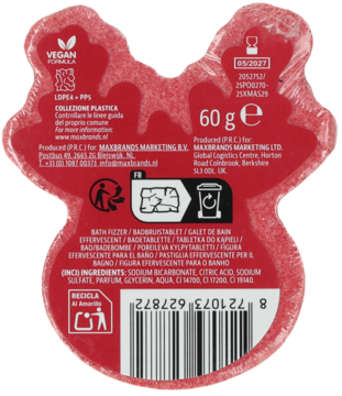 Tył opakowania czerwonej, musującej kuli do kąpieli, 60g, w kształcie głowy kota, z kodem kreskowym.