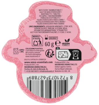 Różowy musujący kąpielowy gadżet, tył opakowania 60g, widoczne składniki i kod kreskowy. Produkt wegański.