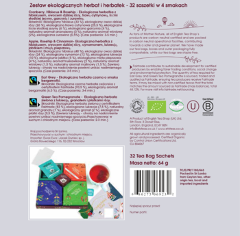 Tył opakowania Pukka, herbata organiczna, jasnofioletowe, z opisem smaków i certyfikatami, kod kreskowy.