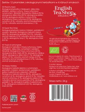 Tył czerwonego opakowania herbaty English Tea Shop Organic z opisem 4 smaków i kodem kreskowym.