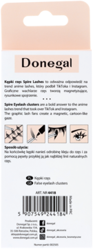 Tył opakowania Donegal Spire Eyelash Clusters, białe z opisem produktu i instrukcją użycia.