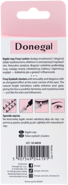 Donegal Foxy Eyelash clusters, tył różowo-białego opakowania z polskim i angielskim opisem, kodem kreskowym i instrukcjami.