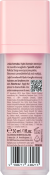 Tył przezroczystej butelki SHIMMERGOLD bazy-serum 30ml, różowa nakrętka, widoczne składniki i kod kreskowy.
