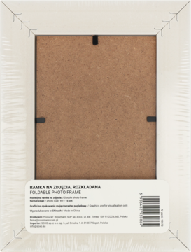 Tył białej składanej ramki na zdjęcia w folii ochronnej, z brązową płytą mocującą i etykietą.