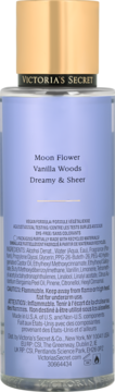 Tył fioletowej butelki mgiełki Victoria's Secret Moon Flower Vanilla Woods Dreamy & Sheer z listą składników.