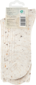 Melanżowe skarpetki Happy Foot (EUR 35-40) w kolorze ecru, z tyłem opakowania i etykietą ze składem.