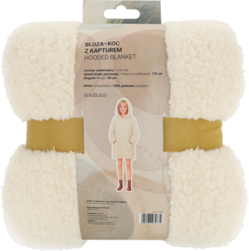 Kremowy koc bluza z kapturem, 100% poliester, puszysty, zwinięty w rulon, widok opakowania.