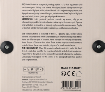 Tył szarobeżowego opakowania zegarka Eloy z budzikiem. Widoczne instrukcje, symbol WEEE, numer modelu i kod kreskowy.