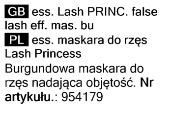 Tekst etykiety: Essence Lash Princess, burgundowa maskara nadająca objętość. Nr artykułu: 954179.