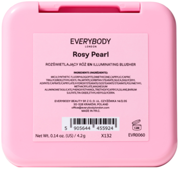 Tył różowego, kwadratowego kompaktu Everybody London Rozświetlający Róż Rosy Pearl, z etykietą i kodem kreskowym.