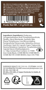 Tył brązowego opakowania Everybody London Eyeshadow Stick. Widoczne składniki, waga 1g i dane producenta.