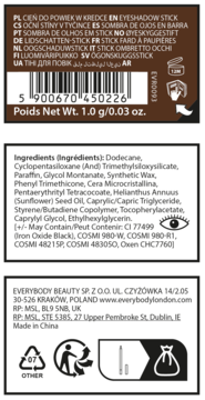 Tył brązowego opakowania cienia w kredce Everybody London Shimmer Pen. Białe etykiety, kod kreskowy, waga 1g i lista składników.