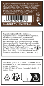 Tył opakowania cienia w kredce Everybody London 1g, ze składnikami, kodem kreskowym i danymi producenta.