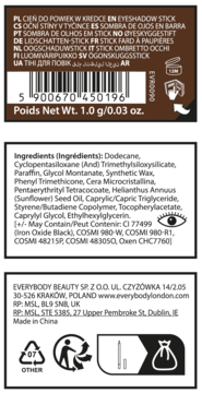 Tył opakowania Everybody London Shimmer Pen Eyeshadow Stick z listą składników, kodem kreskowym i danymi producenta.