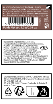 Tył brązowego opakowania konturówki Blending Lip Crayon Everybody London z kodem kreskowym i składem.