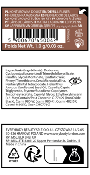 Trzy etykiety konturówki Everybody London Blending Lip Crayon Soft Caramel, z kodem, składem i danymi producenta.