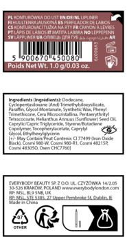 Tył opakowania konturówki do ust Blending Lip Crayon Everybody London z listą składników i symbolami recyklingu.
