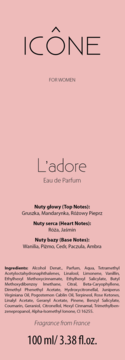 ICÔNE L'adore Eau de Parfum dla kobiet 100ml, różowe opakowanie z czarnym tekstem, widok z przodu z nutami zapachowymi.
