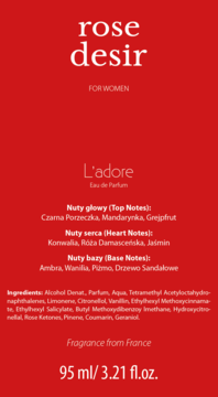Czerwona etykieta perfum L'adore Rose Desir For Women 95 ml, z nutami czarnej porzeczki i jaśminu, widok z przodu.