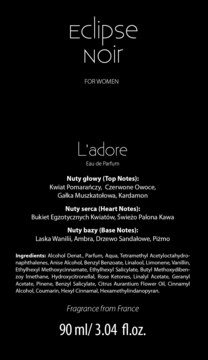 Czarna etykieta perfum Eclipse Noir L'adore Eau de Parfum 90ml dla kobiet z białym tekstem, widok z przodu.