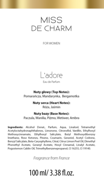 Miss De Charm L'adore woda perfumowana dla kobiet 100ml. Widok etykiety ze składem i nutami zapachu.