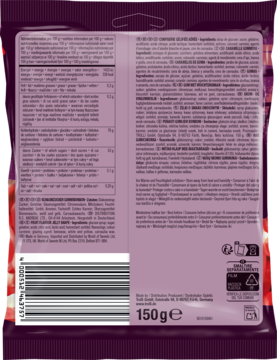 Tył fioletowego opakowania produktu spożywczego 150g, z gęstym tekstem składników i kodem kreskowym na dole. Widok z tyłu.