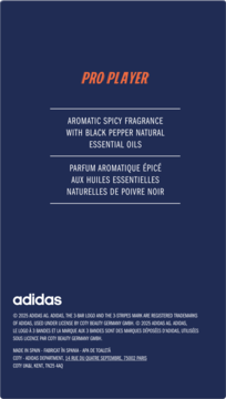 Tył ciemnoniebieskiego opakowania Adidas PRO PLAYER, z aromatyczną wodą z naturalnym czarnym pieprzem.