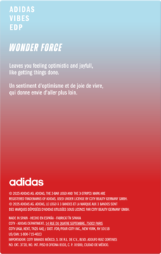 Karta produktu perfum Adidas Vibes Wonder Force EDP. Gradient błękit-czerwień, z białym tekstem i logo Adidas.