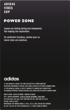 Reklama wody perfumowanej Adidas Vibes EDP Power Zone na czarnym tle z białym, motywującym tekstem.