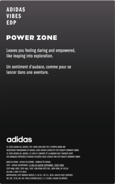 Pionowa reklama Adidas Vibes EDP Power Zone, biały tekst o odwadze i eksploracji na czarnym tle.