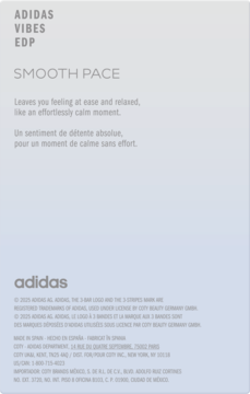 Reklama Adidas Vibes Smooth Pace EDP. Na jasnym tle nazwa produktu, opis "Smooth Pace" i logo.