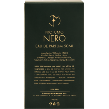 Tył ciemnozielonego opakowania Profumo Nero Eau de Parfum 50ml, widoczne szczegóły i lista składników.