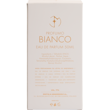 Białe pudełko perfum Profumo Bianco Eau de Parfum 50ml, widok z przodu, ze złotym logo i tekstem.