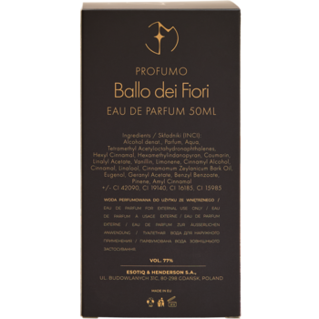 Tył opakowania perfum Eva Minge Ballo Dei Fiori 50ml, ciemnobrązowe z listą składników.