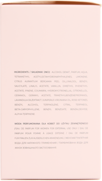 Tył różowego opakowania Wody perfumowanej Esotiq Joanna Krupa Feminine Power z listą składników.