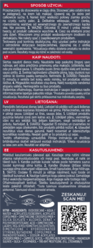 Tył opakowania reduktora cieni pod oczami z instrukcjami PL, LT, LV, EE, składem oraz QR kodem.