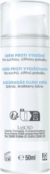 Tylna etykieta kremu do twarzy Mixa Anti-Dryness 50ml, dla suchej skóry, z opisem i symbolami.