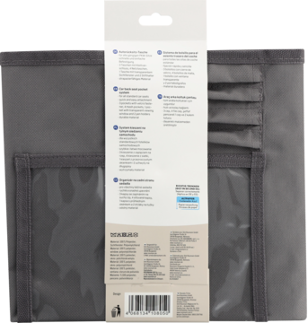 Tył opakowania szarego organizera z tkaniny, z przezroczystymi kieszeniami, widoczne instrukcje i kod kreskowy.