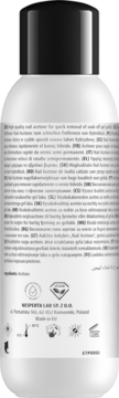Tył białej butelki Acetonu kosmetycznego Semilac do usuwania hybryd z etykietą producenta i ikonami ostrzegawczymi.