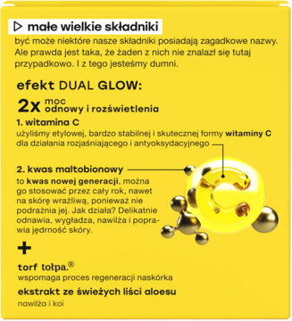 Grafika Tołpa Bionic Dual Glow, tekst o witaminie C i kwasie maltobionowym, ilustracja C i cząsteczki.