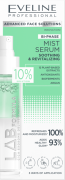 Eveline Bi-Phase Mist Serum, kojąco-rewitalizująca mgiełka 10%, biało-miętowe opakowanie, przód.