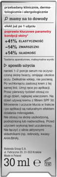 Tył srebrnego opakowania serum Bielenda 30ml, z opisem działania, efektów (+41% elastyczność) i instrukcją.