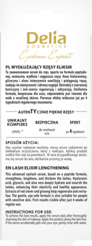 Tył białego opakowania Delia Cosmetics Eyelash Elixir, wydłużającego rzęsy, z tekstem PL/EN i instrukcjami.