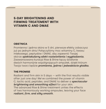 Tył beżowego opakowania 5-day Brightening and Firming Treatment z witaminą C i DMAE, widoczny tekst.